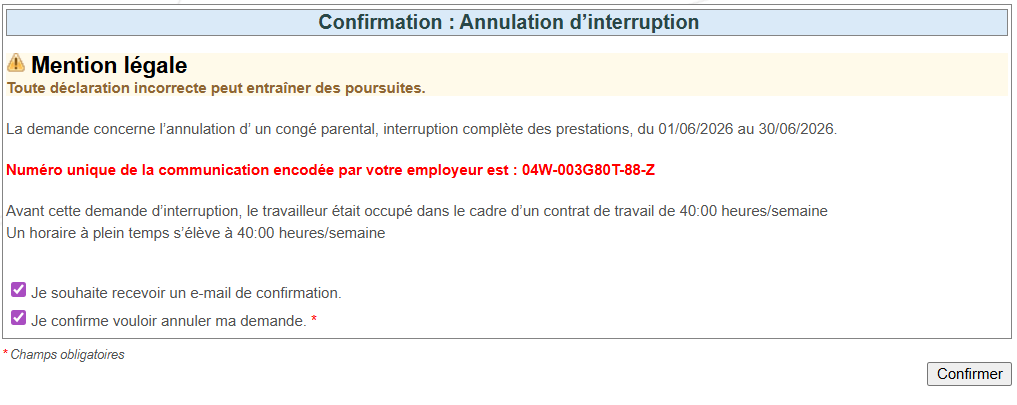 Screenshot to cancel a request for career interruption, showing in red the number of the communication. 