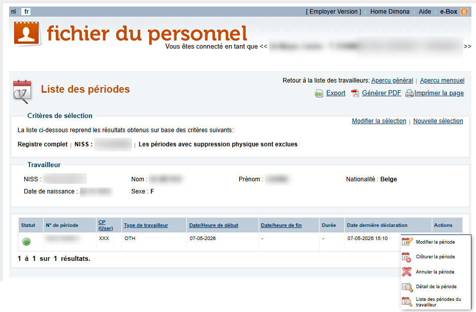 Workforce Register (Fichier du personnel) - Modifying a period via the List op periods Screenshot showing all periods of work for an employee, and showing a pop-up highlighting the modification of a working period.