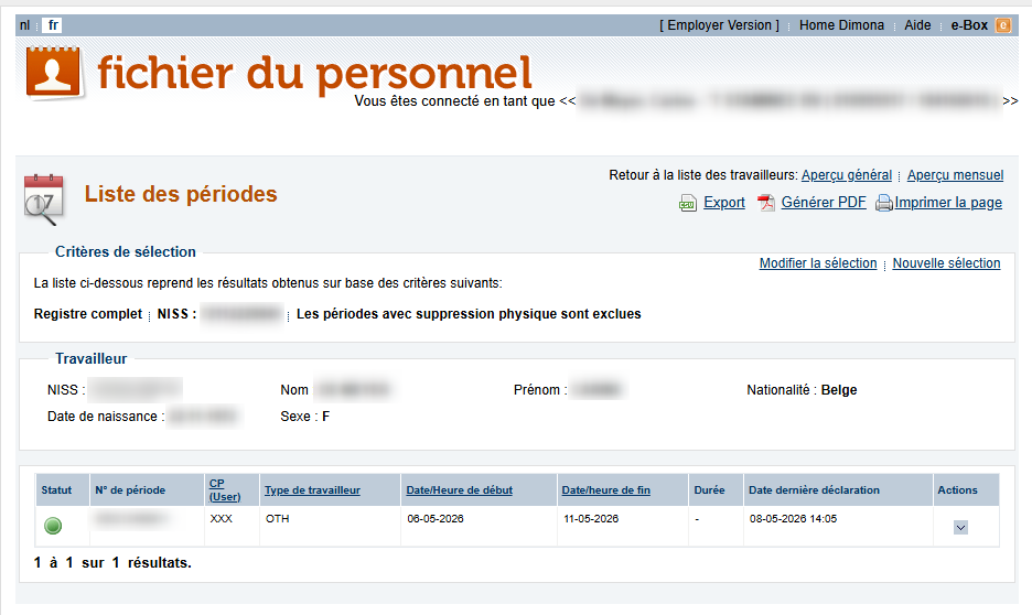 Workforce Register (Fichier du personnel) Screenshot showing all periods of work for an employee.