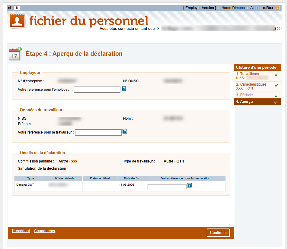 Workforce Register (Fichier du personnel) - Overview of the declaration Dimona OUT Screenshot showing all fileds that have been filled out by the declarant for a Dimona OUT.
