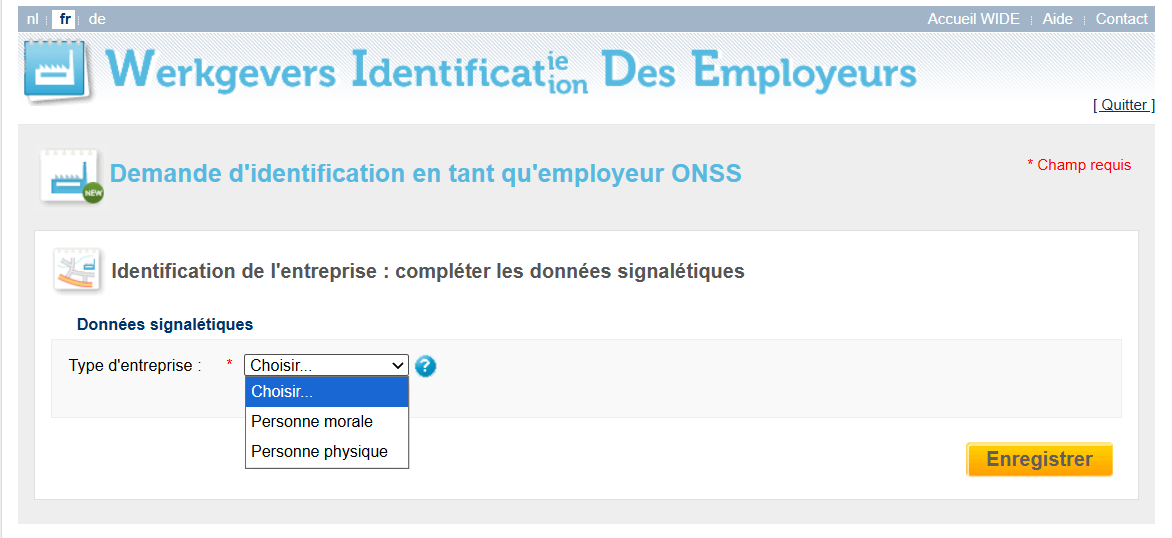 WIDE screen to identify your enterprise - legal or natural person   WIDE screen to identify your enterprise - legal or natural person choice in dropdown