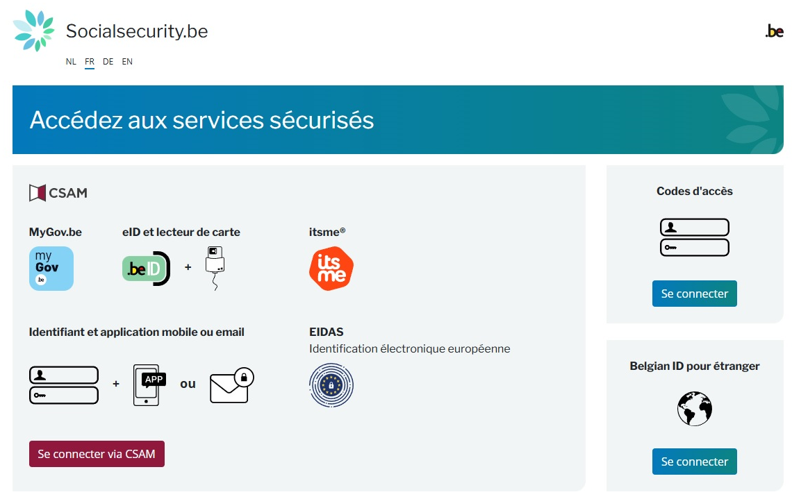 Login screen for secure services. Use your choice of: eID and card reader, itsme, EIDAS, username and password + a code sent by mobile app or email - and log in to CSAM