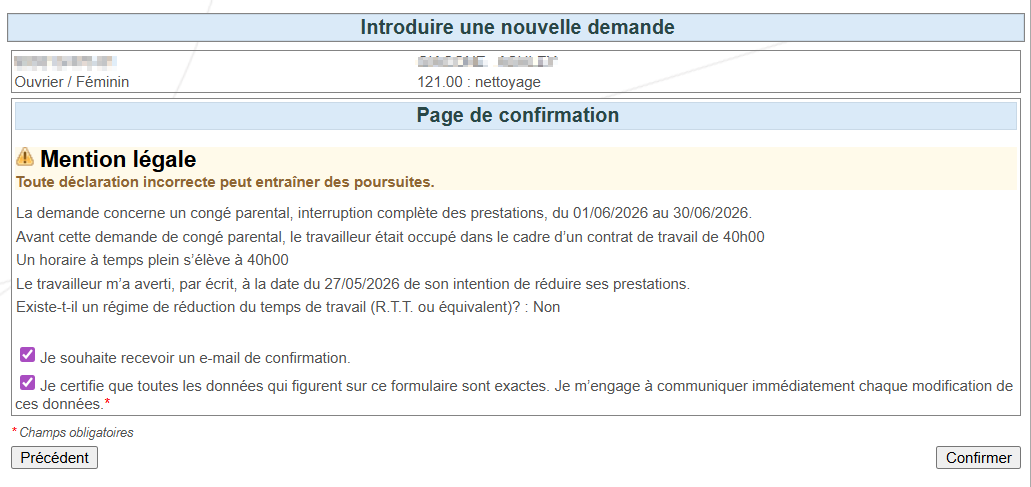 Screenshot of the confirmation page. Button on the bottom left to go back. Button on the bottom right to confirm.