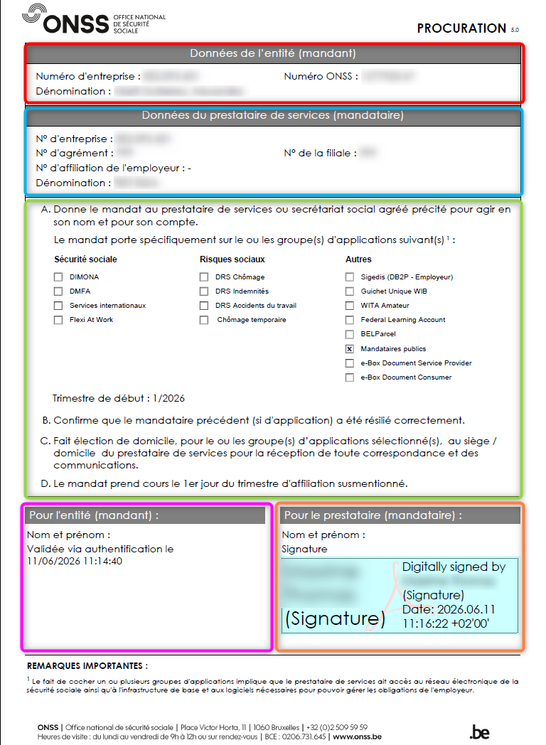 Screenshot of NSSO. Red box for identification of principal, blue box for mandatary, green box for period, pink box for authentification and orange box for signature.