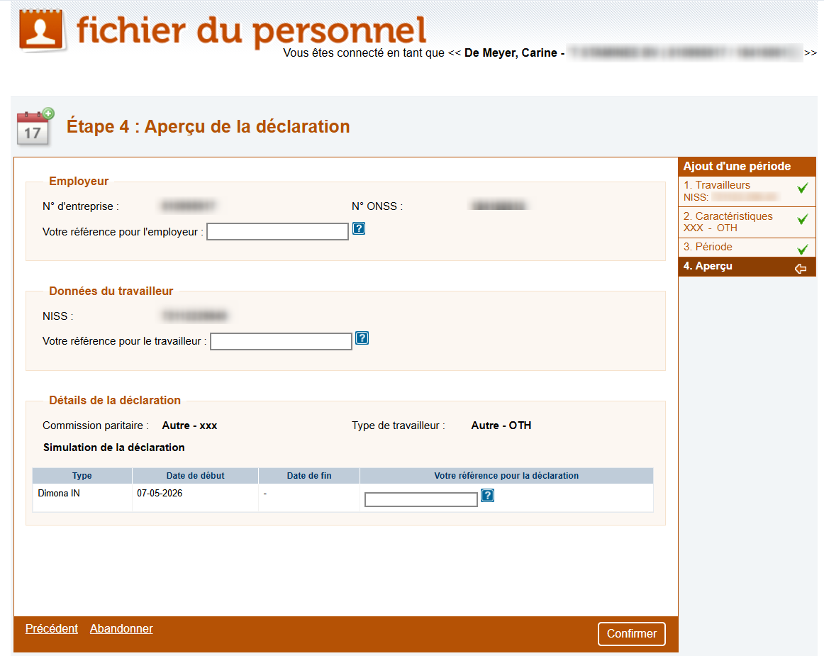 Workforce Register (Fichier du personnel) - Overview of the declaration Dimona IN Screenshot showing all fileds that have been filled out by the declarant for a Dimona IN (Aperçu de la déclaration).