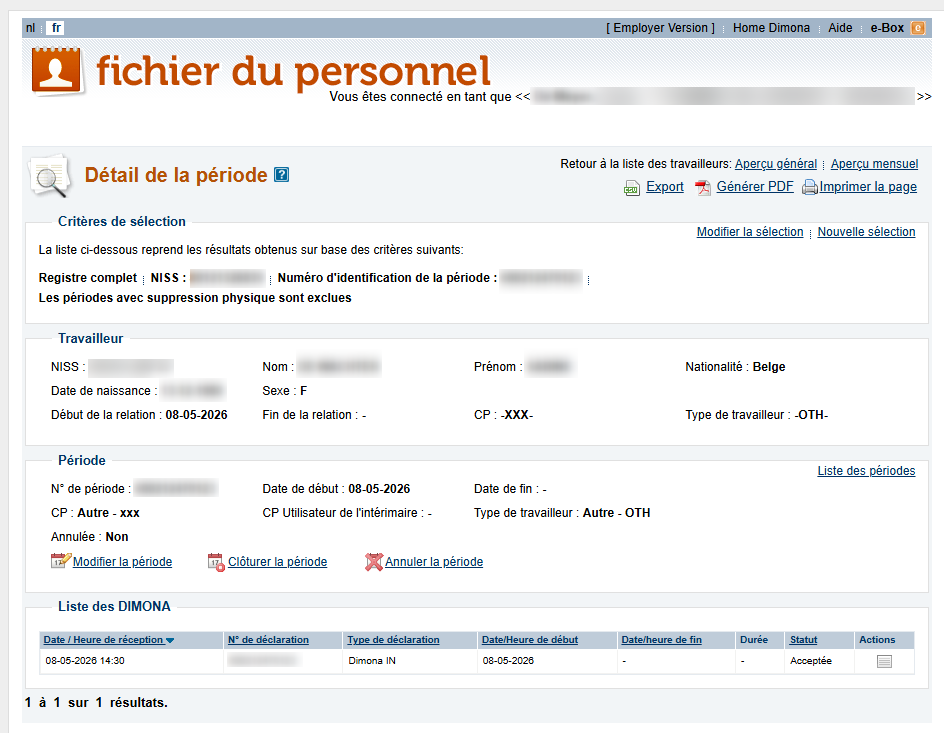 Workforce Register (Fichier du personnel) - Detail of the working period Screenshot containing all details on a specific working period for a particular employee.