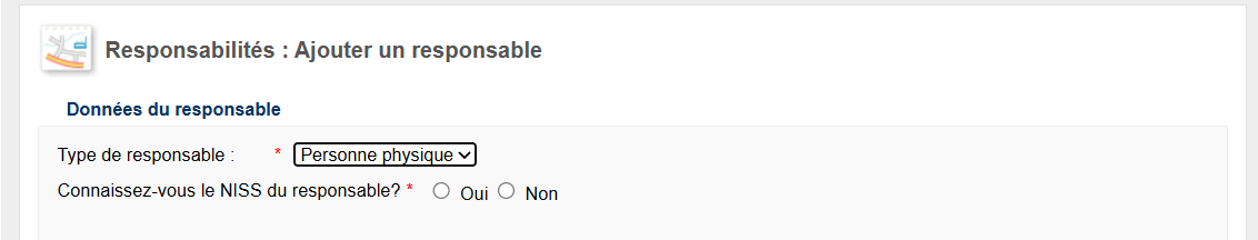 WIDE:  responsibilities; 'esponsible person - Natural person  WIDE:  responsibilities; add a responsible person - Natural person
