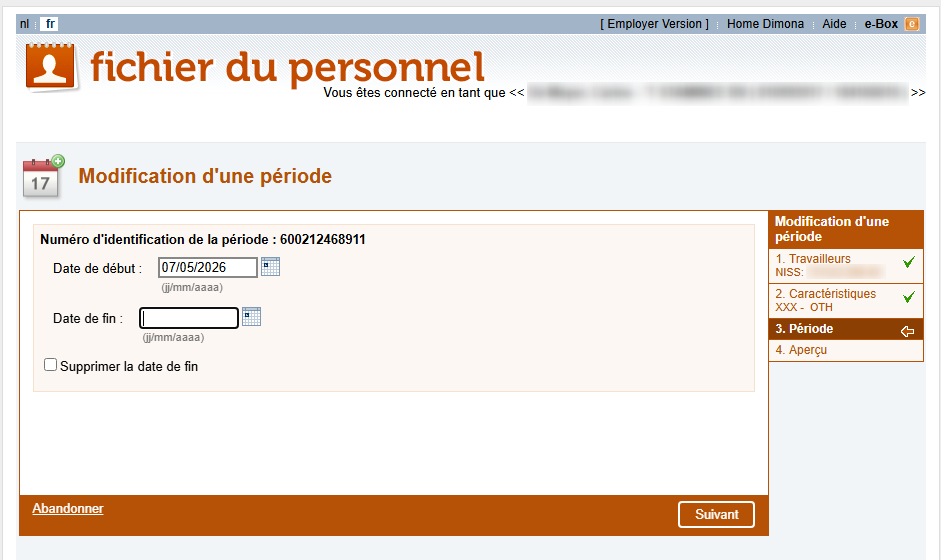 Workforce Register (Fichier du personnel) - Modifying a working period Screenshot enabling modifying a working period by filling out a new ending date.