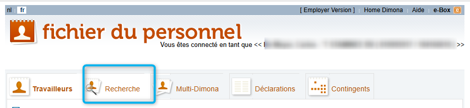 Workforce Register (fichier du personnel) - Search Screenshot called Workforce Register (fichier du personnel), focusing on the tab Search (Recherche).