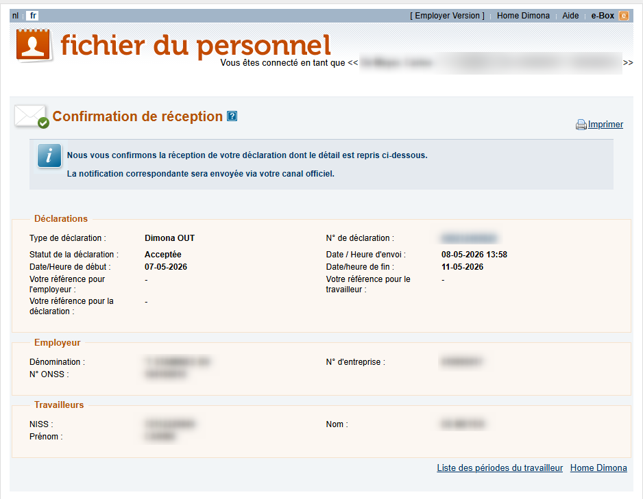 Workforce Register (Fichier du personnel) - Confirmation of receipt Dimona OUT Screenshot showing the confirmation of the Dimona OUT declaration and its accompanying details.