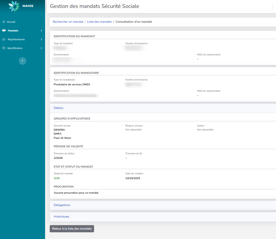 Screenshot for managing mandates. Icon to select information about mandates.