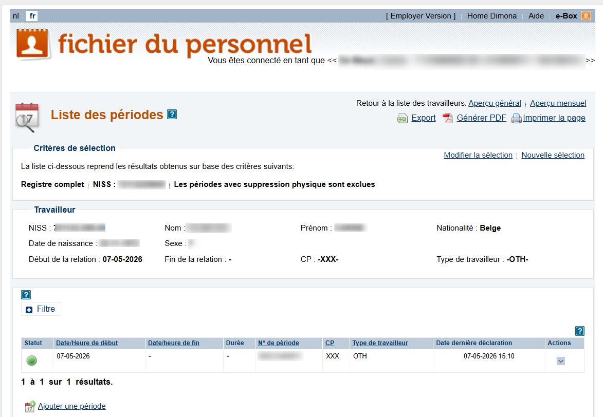 Workforce Register (Fichier du personnel) - Liste of periods Screenshot containing a list of periods of work for a particular employee.