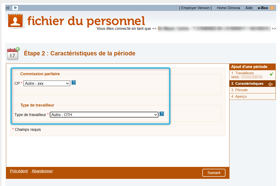 Workforce Register (Fichier du personnel) - Joint Committee & Type of worker Screenshot highlighting the selected Joint Committe (CP) and Type of Worker.