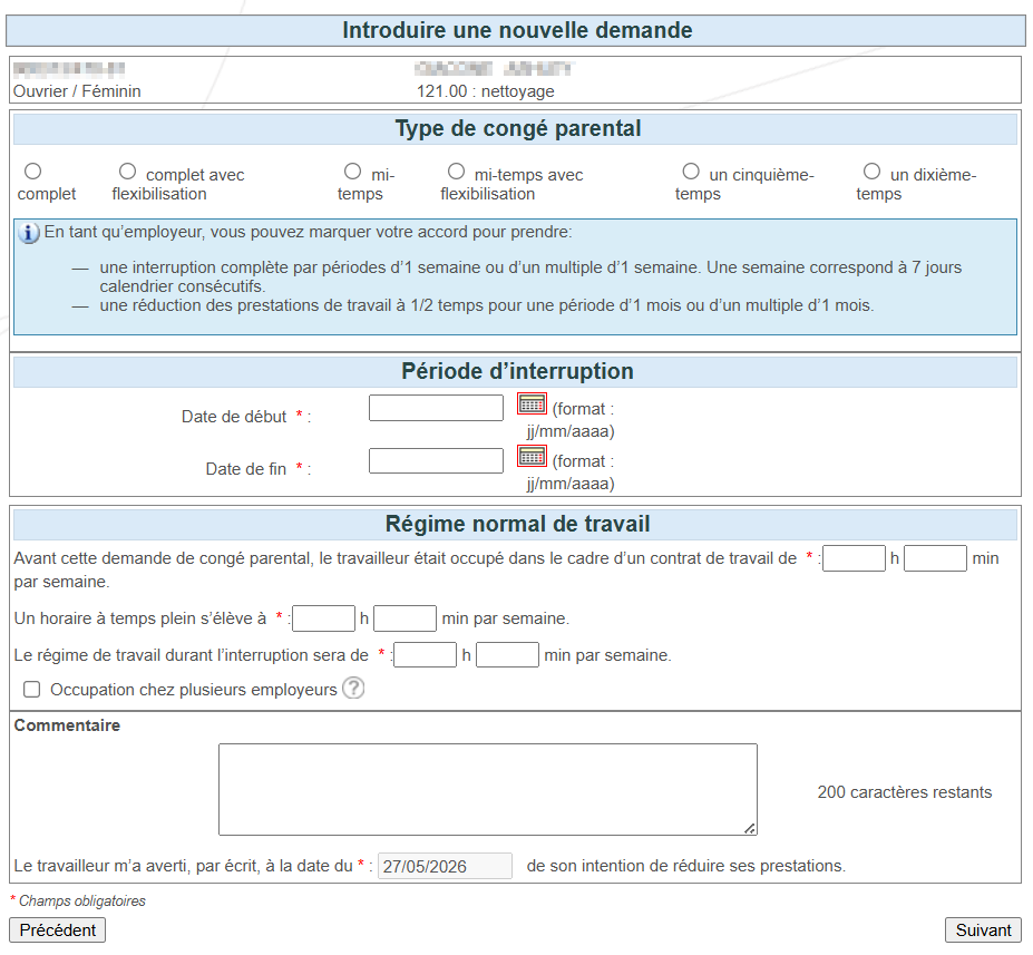 Screenshot for the introduction of a new application. Fields: type of parental leave, interruption period, normal working scheme.
