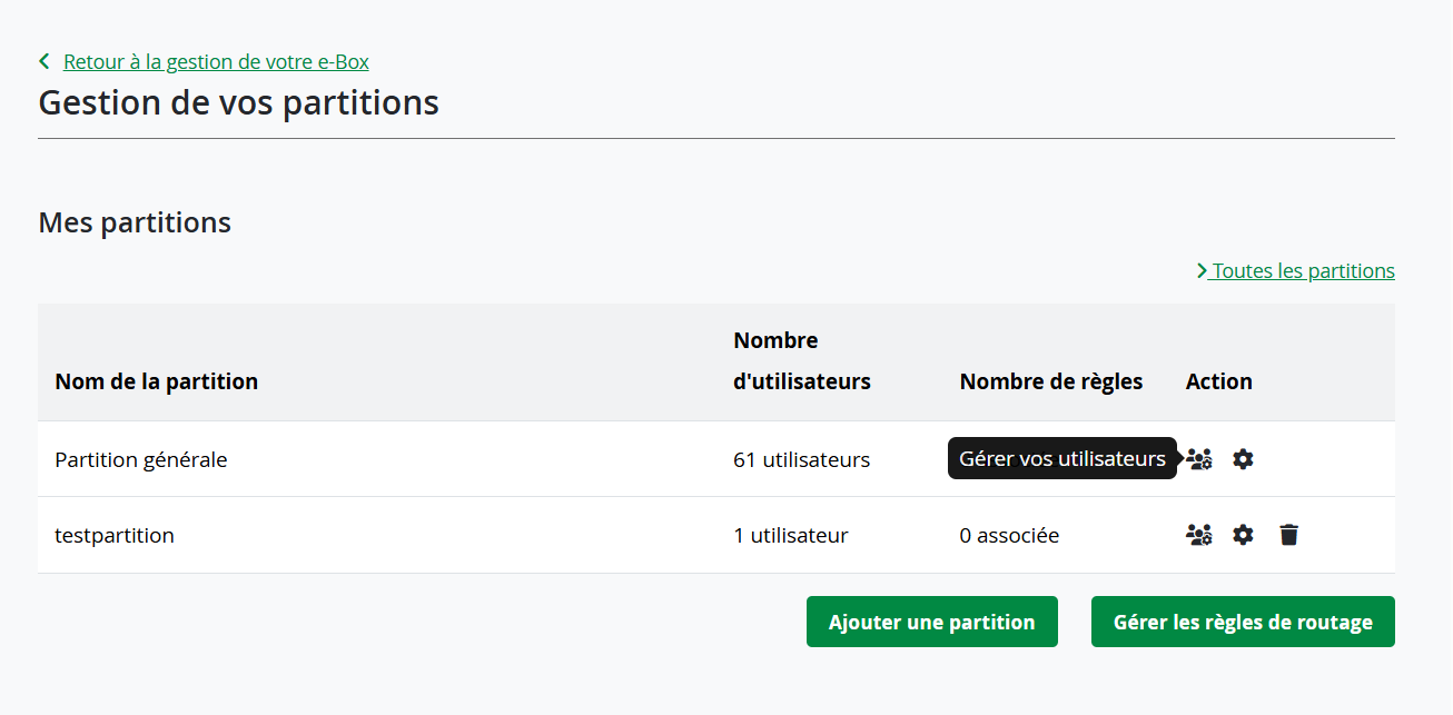 User interface for managing partitions, showing a table with columns for partition name, number of users, number of rules, and action buttons. At the right of the table, we see a button to manage users, and a settings button. Under the table we see a button to add a new partition as well as a button to manage the routing rules.