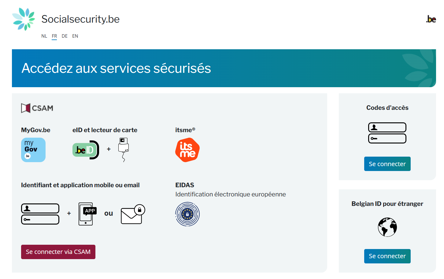 Screenshot of the page 'Acces to secure services'. Button on the bottom leftt to log in to CSAM.