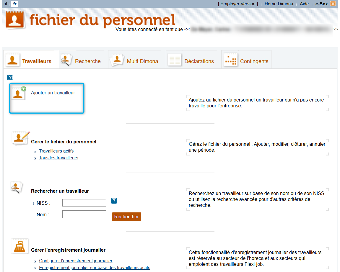 Workforce Register (fichier du personnel) - Adding an employee Screenshot called Workforce Register (fichier du personnel), focusing on the option Add an employee (Ajouter un travailleur).