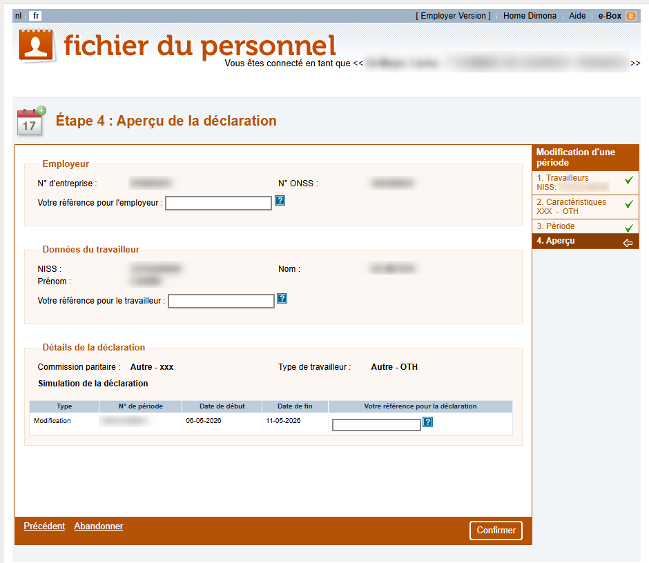 Workforce Register (Fichier du personnel) - Overview of the declaration of a modification Screenshot showing all fileds that have been filled out by the declarant for a declaration of a modification.