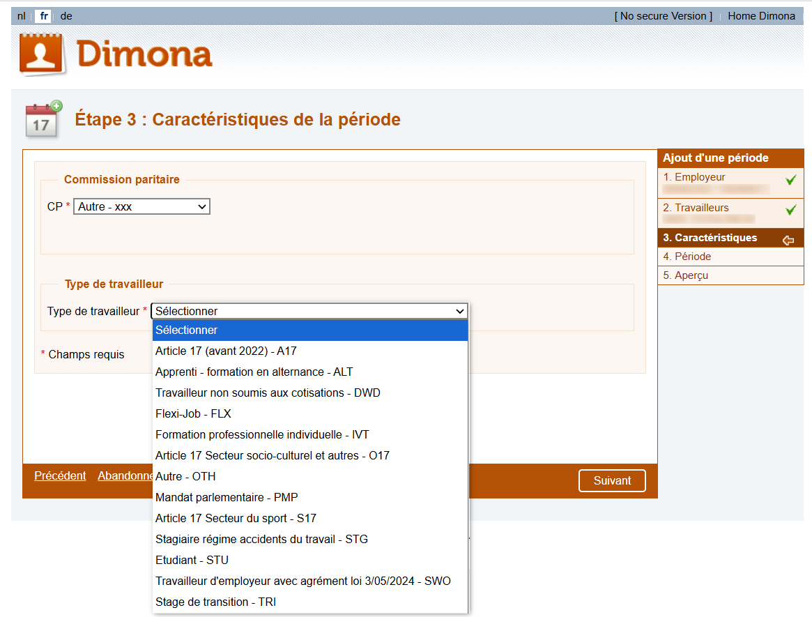 Dimona IN - Working period (type of worker). Screenshot of the screen of the Dimona IN declaration where the employer has to select the type of worker.