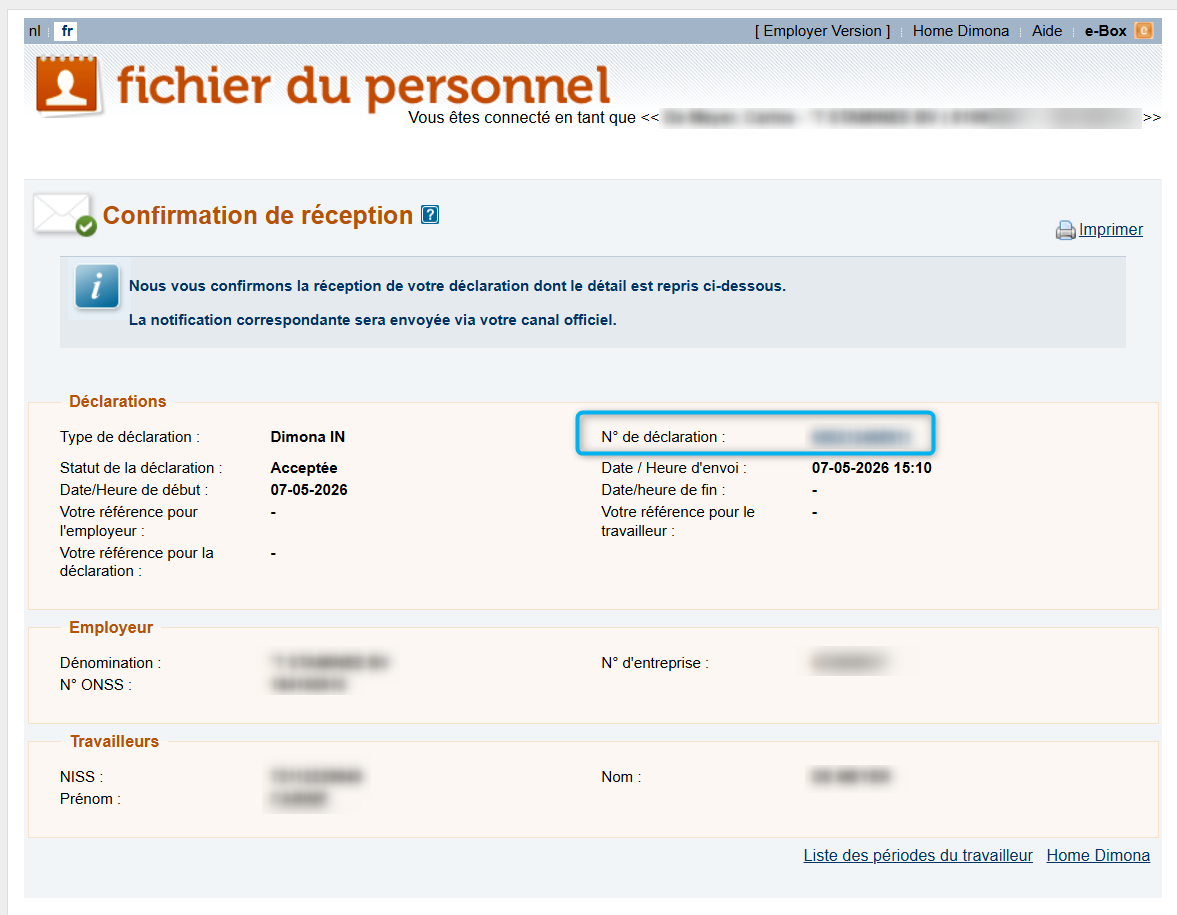 Workforce Register (Fichier du personnel) - Confirmation and declaration details Screenshot containing the confirmation of all declared details of the Dimona IN and a focus on the clickable link towards further declaration details.