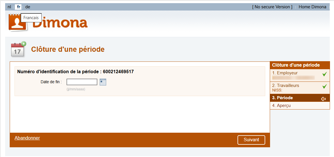 Dimona OUT - Enter Ending. Screenshot of the screen of the Dimona OUT declaration where the employer enters the ending date of the working period.