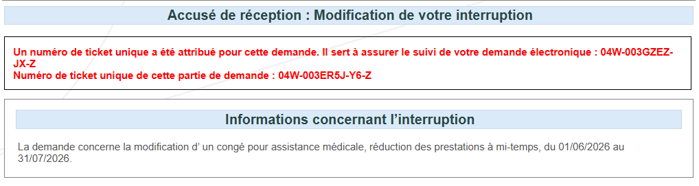 Screenshot for confirmation of modification. Information concerning interruption.