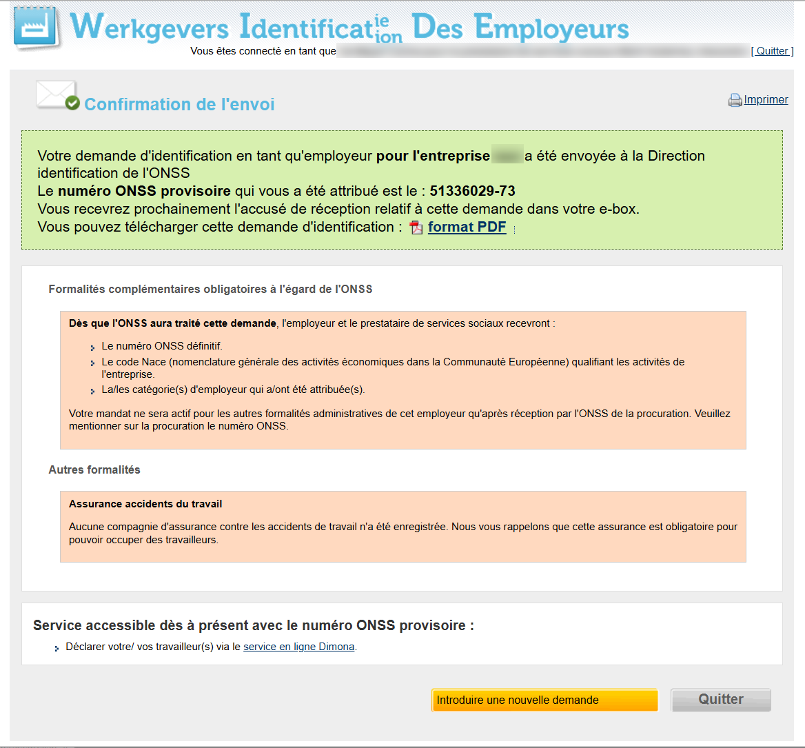 Printscreen that confirms the registering of the application. Possibility to introduce a new application at the bottom of the screen.