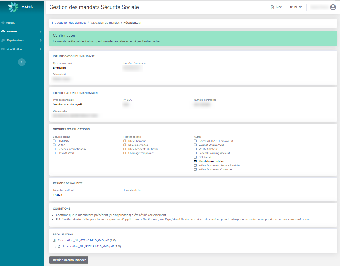 Screenshot for managing mandates and to confirm.