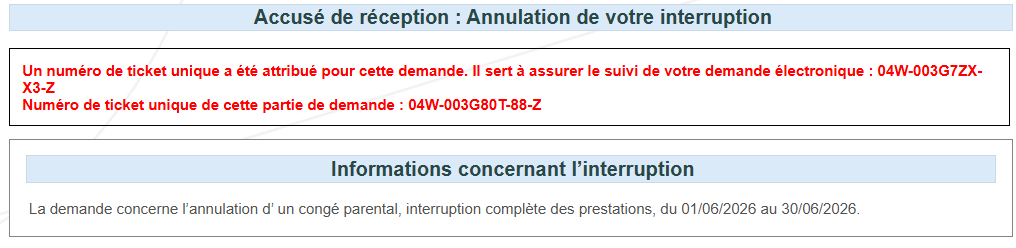 Screenshot showing the confirmation to cancel a time credit request. Ticket numer and corresponding information in red.