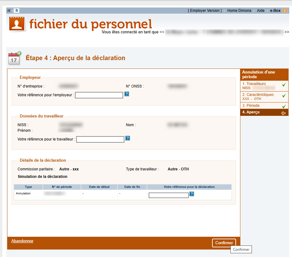 Workforce Register (Fichier du personnel) - Overview of the declaration of a cancellation Screenshot showing all fileds that have been filled out by the declarant for a cancellation of a declaration.