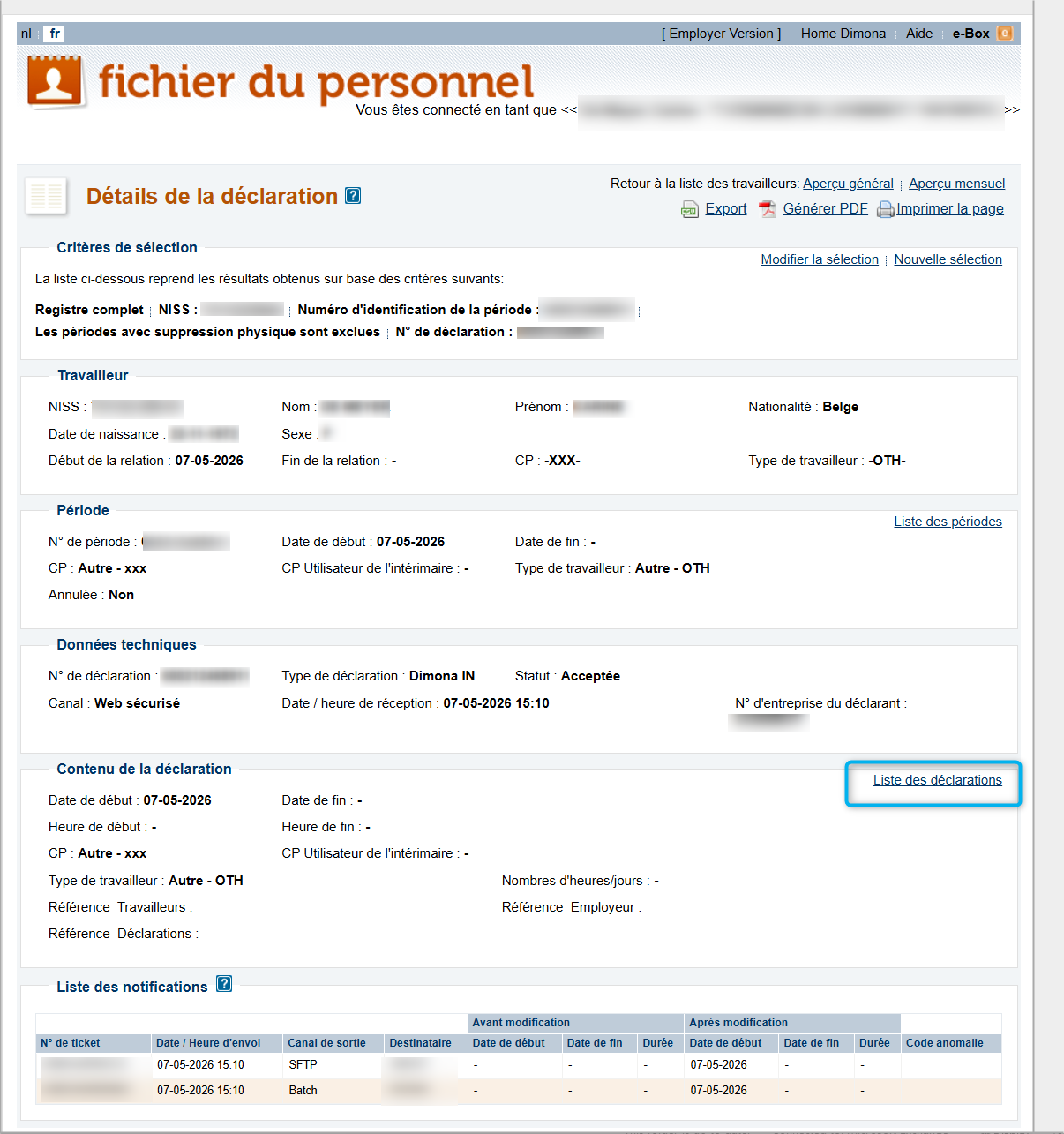 Workforce Register (Fichier du personnel) - Declaration details - List of declarations Screenshot containing a list of periods of work for a particular employee, with a focus on the link List of Declarations (Liste de déclarations).