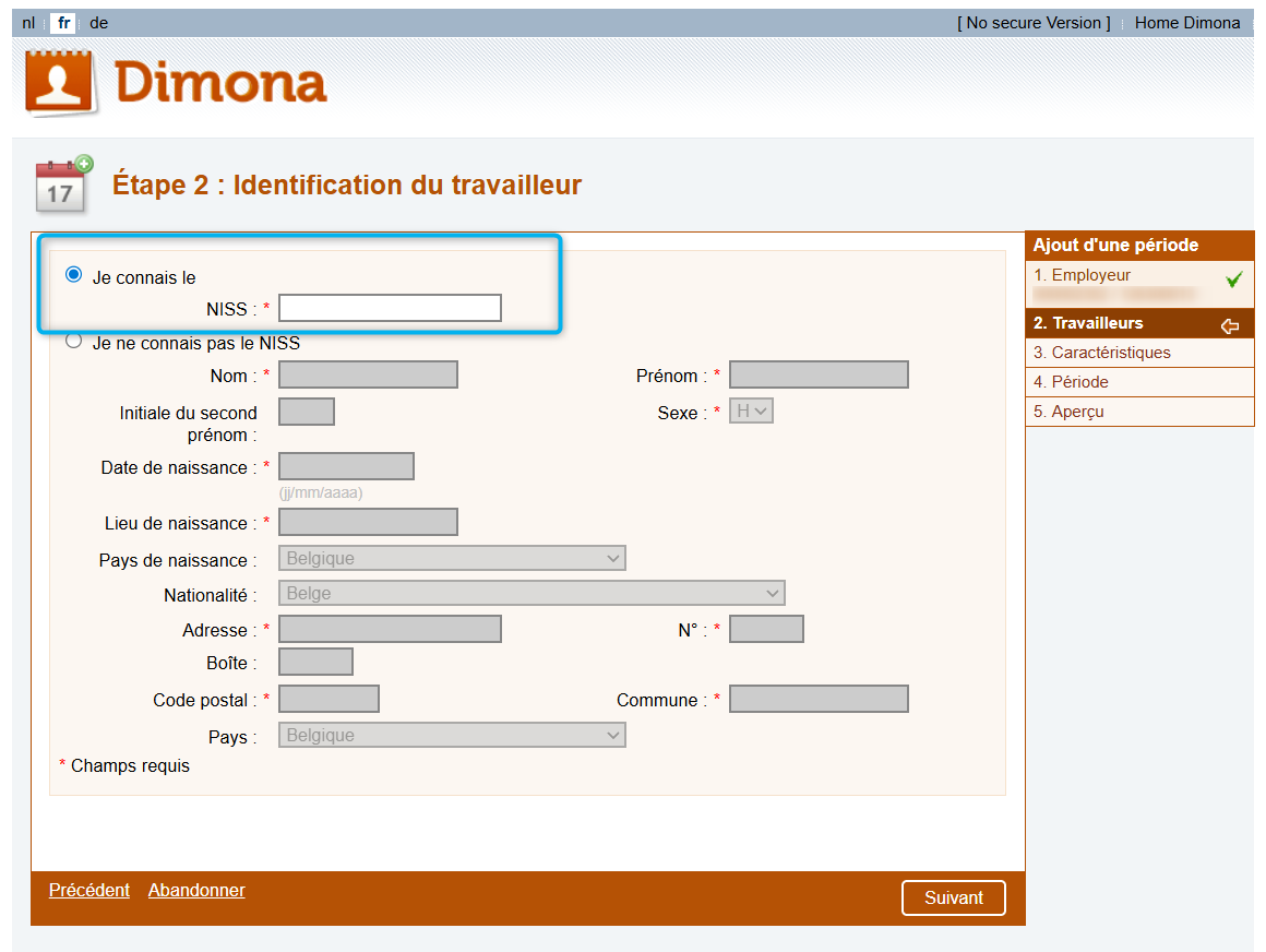Dimona IN - Identifying the employee (SSIN). Screenshot of the screen of the Dimona IN declaration where the employer has to identify the employee.