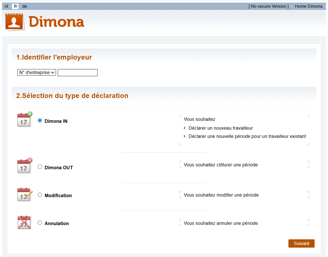 Dimona Home page. Dimona home page screenshot showing the first screen to complete when starting a Dimona declaration.