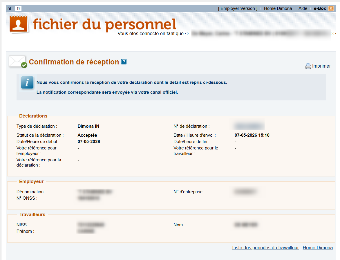 Workforce Register (Fichier du personnel) - Confirmation of receipt Dimona IN Screenshot showing the confirmation of the Dimona IN declaration and its accompanying details.