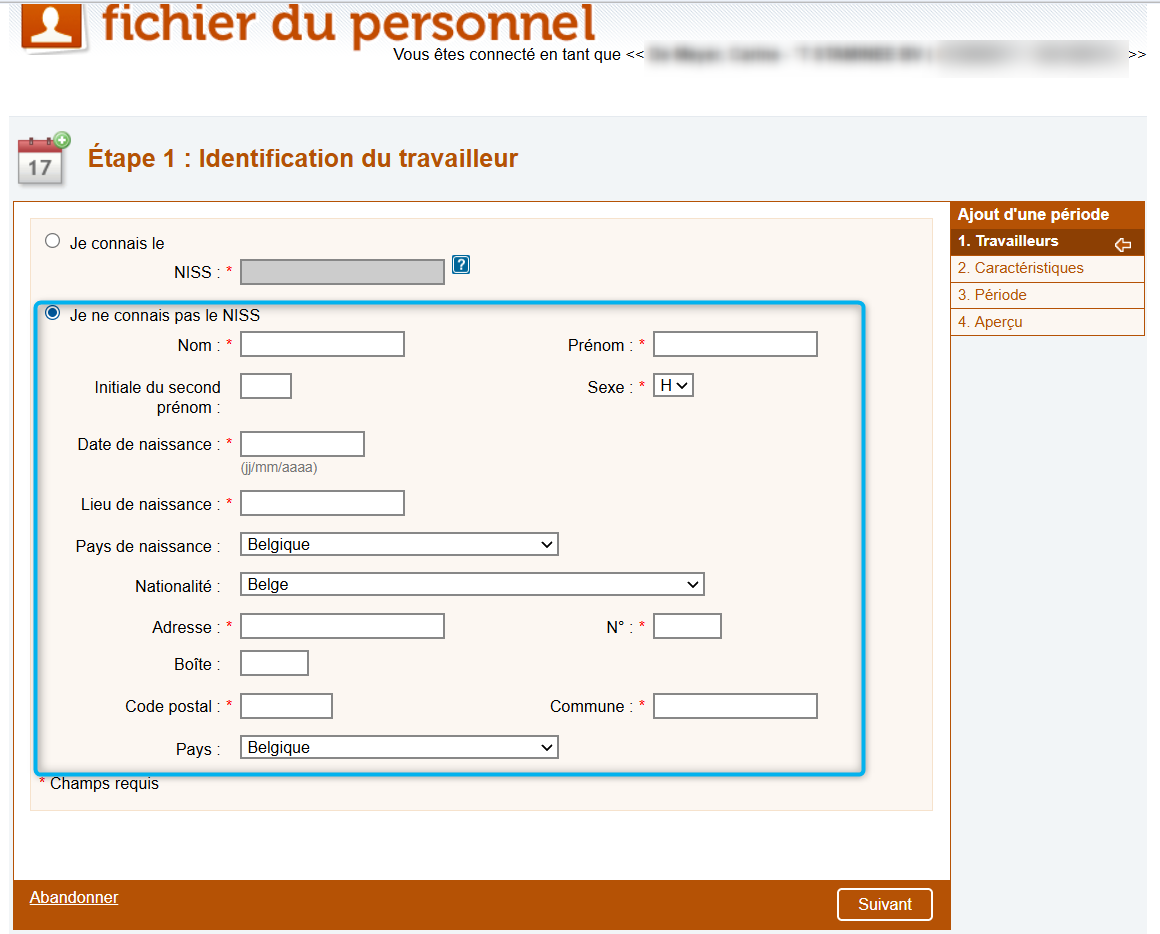 Workforce Register (Fichier du personnel) - Identifying an employee - SSIN known Screenshot highlighting the identification of the employee by the employer, by filling out the employee's details.