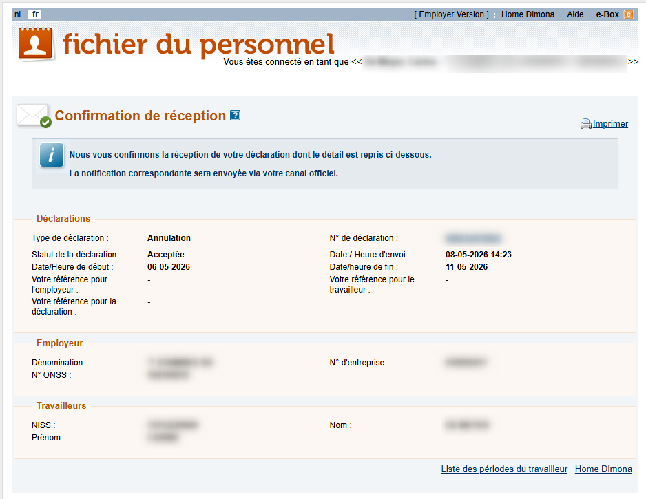Workforce Register (Fichier du personnel) - Confirmation of receipt Dimona cancellation Screenshot showing the confirmation of the cancellation declaration and its accompanying details.
