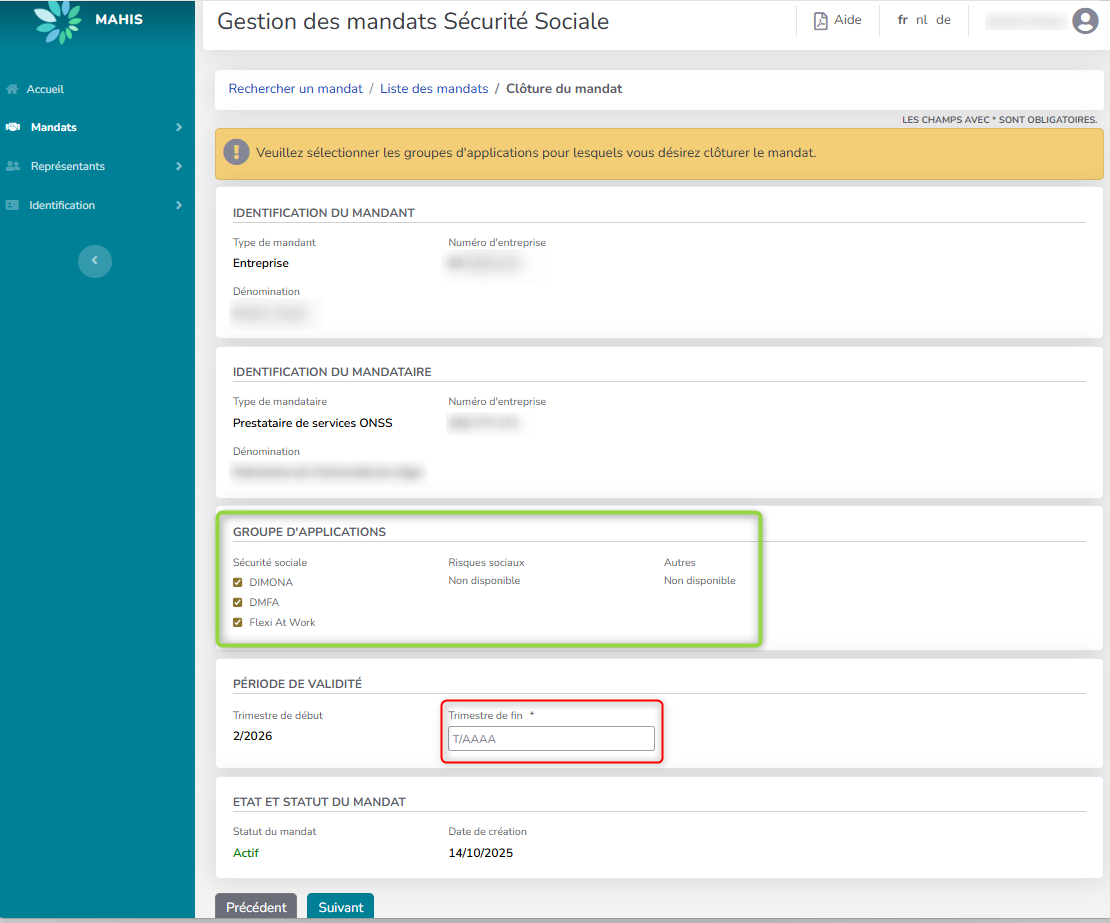 Screenshot for managing mandates. Red box for end term, green box to select mandate.