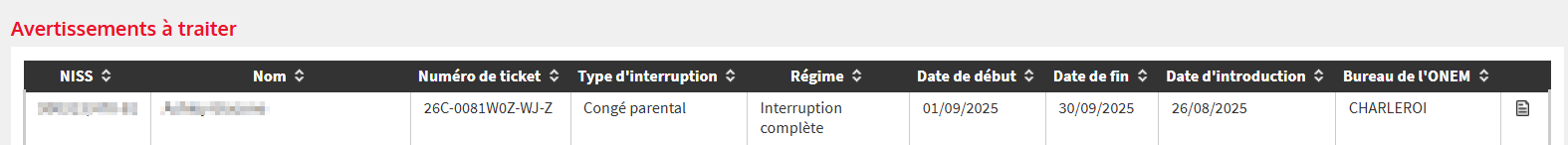 Screenshot of the notification management table for notifications to enter.