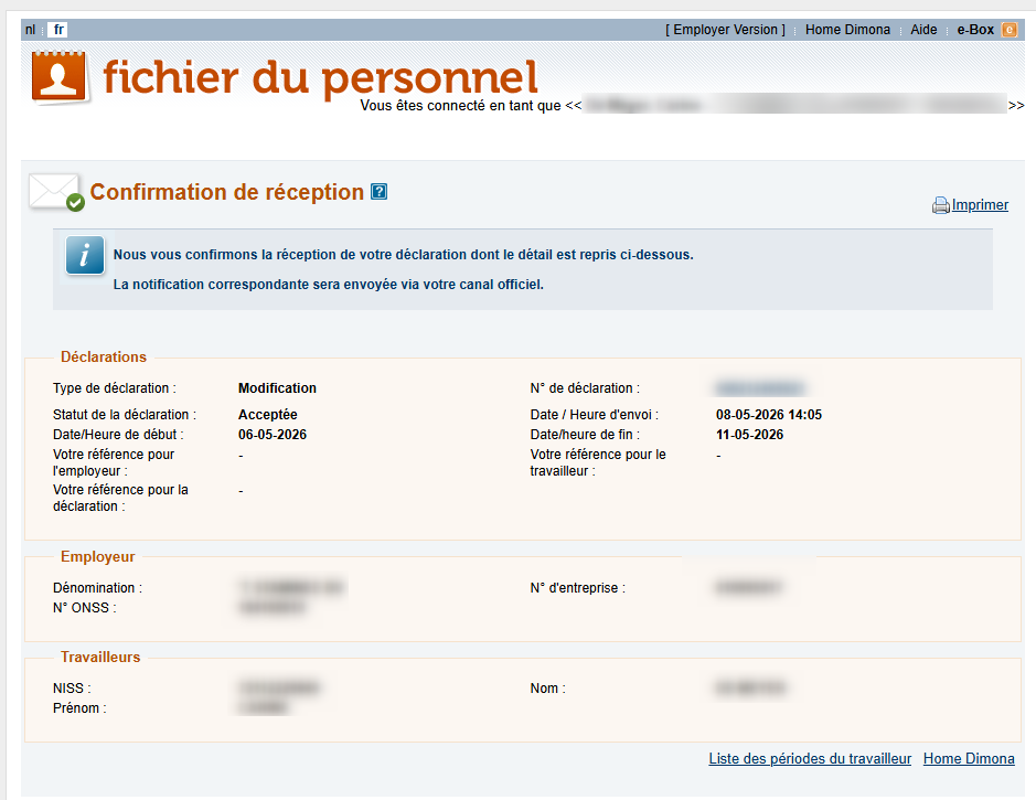 Workforce Register (Fichier du personnel) - Confirmation of receipt Dimona Modification Screenshot showing the confirmation of the modification declaration and its accompanying details.