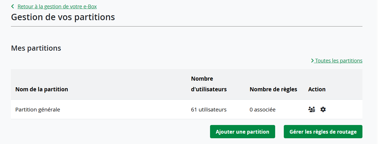 Partition management interface showing a table with columns for partition name, number of users, number of rules, and actions. l Under the table, we see buttons for adding a partition and managing routing rules.