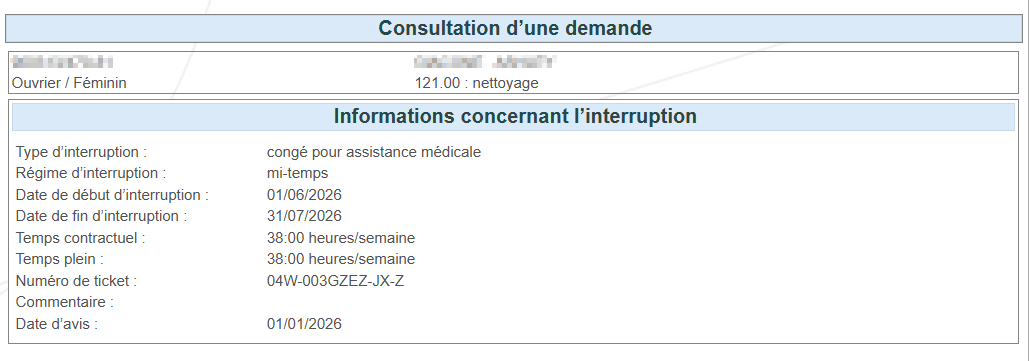 Screenshot for consulting a request with different parameters. Information concerning interruption.