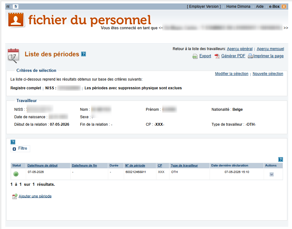 Workforce Register (Fichier du personnel) - List of periods Screenshot showing all periods of work for an employee.