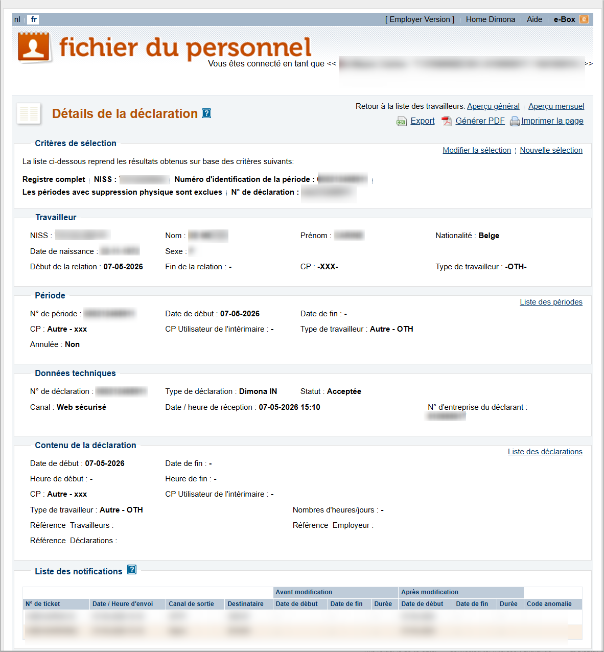 Workforce Register (Fichier du personnel) - Declaration details Screenshot containing all declared datails of the Dimona IN for an employee and a specific working period.
