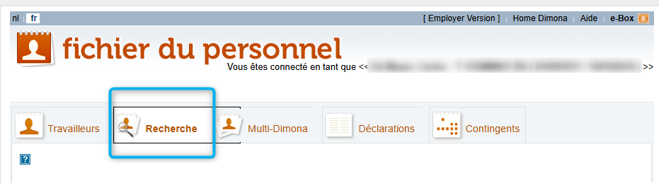 Workforce Register (fichier du personnel) - Search Screenshot called Workforce Register (fichier du personnel), focusing on the tab Search (Recherche).