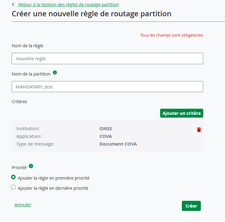 Web form for creating a new partition routing rule with fields for rule name, partition name, and criteria including institution, application, and message type. The form includes options to set rule priority, buttons to add criteria, cancel, or create the rule, and text indicating all fields are mandatory.