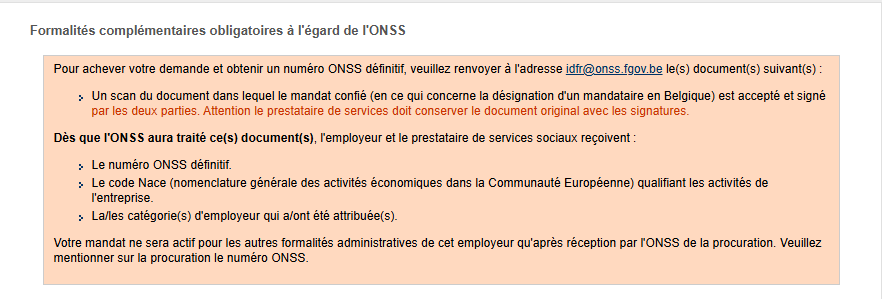 Printscreen confirming that final numbers and codes will be provided after processing the documents.