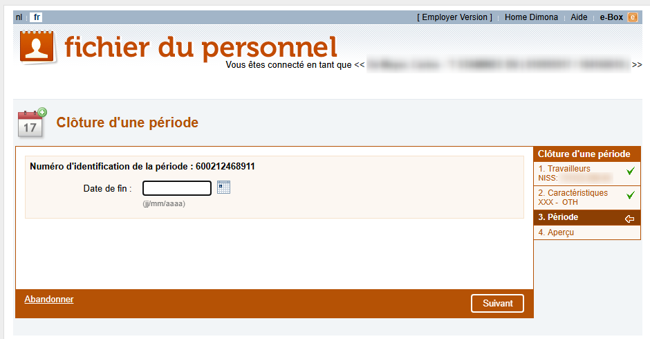 Workforce Register (Fichier du personnel) - Ending a working period Screenshot enabling ending a working period by filling out an end date.