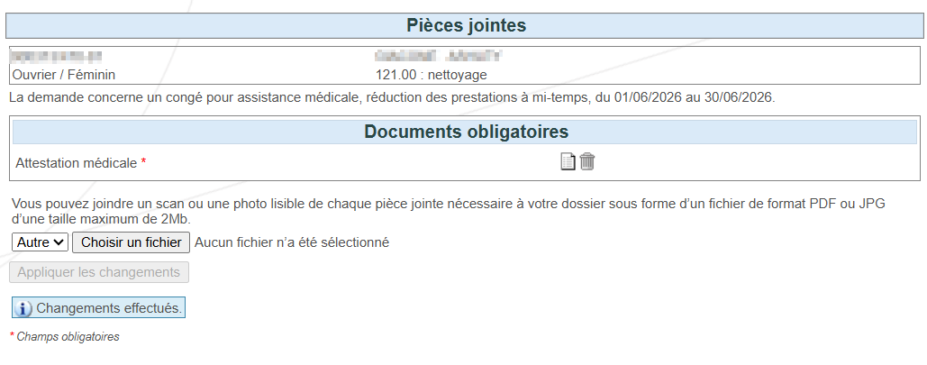 Screenhot showing the attachments and the required documents. Button 'changes made' on the bottom left.