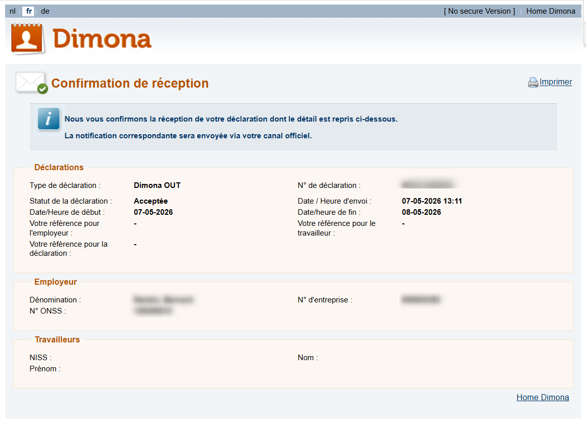 Dimona OUT - Confirmation. Screenshot of the screen of the Dimona OUT declaration where the employer sees an overview of the date entered, as a confirmation.