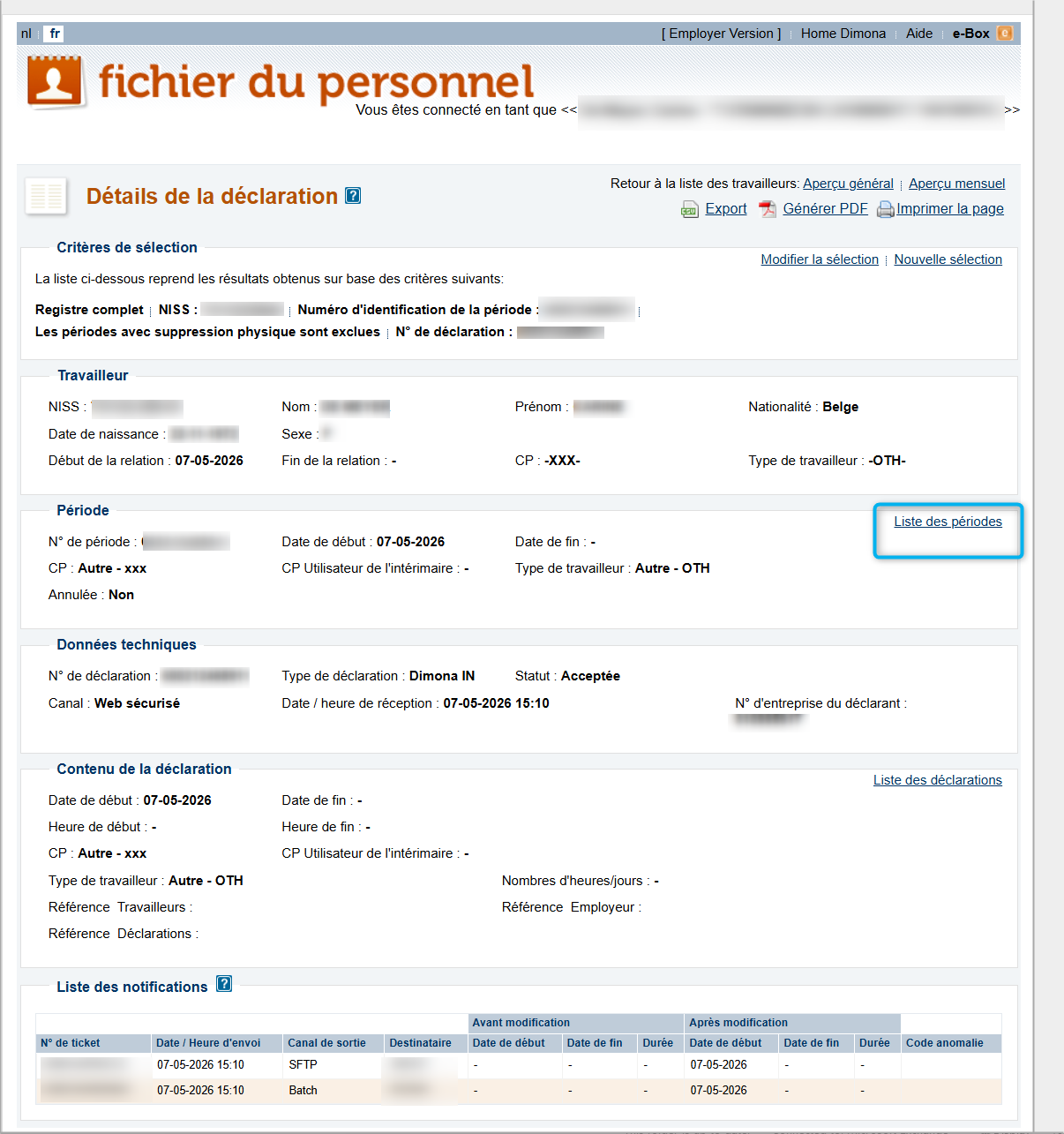 Workforce Register (Fichier du personnel) - Declaration details - List of periods Screenshot containing a list of periods of work for a particular employee, with a focus on the link List of Periods (Liste de périodes).